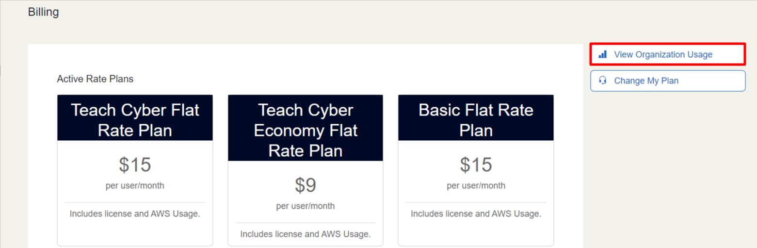 The "view organization usages" icon is located in the top right of the screen to the left of the "make a payment" button.