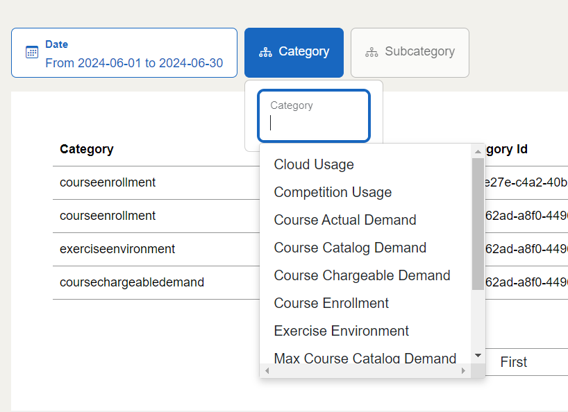 In descending order, the selections "From", "To", and "Category" are available to filter by. The "cancel" and "confirm" buttons are in the bottom right corner of the pop-up window.