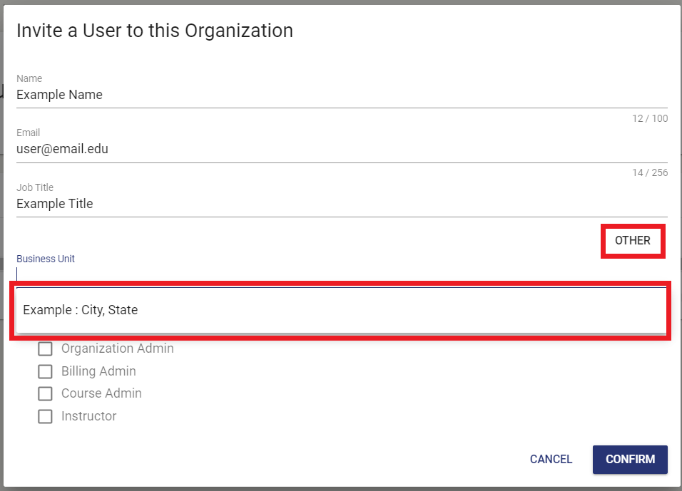 Highlights the "other" option that is available for admins when selecting a business unit