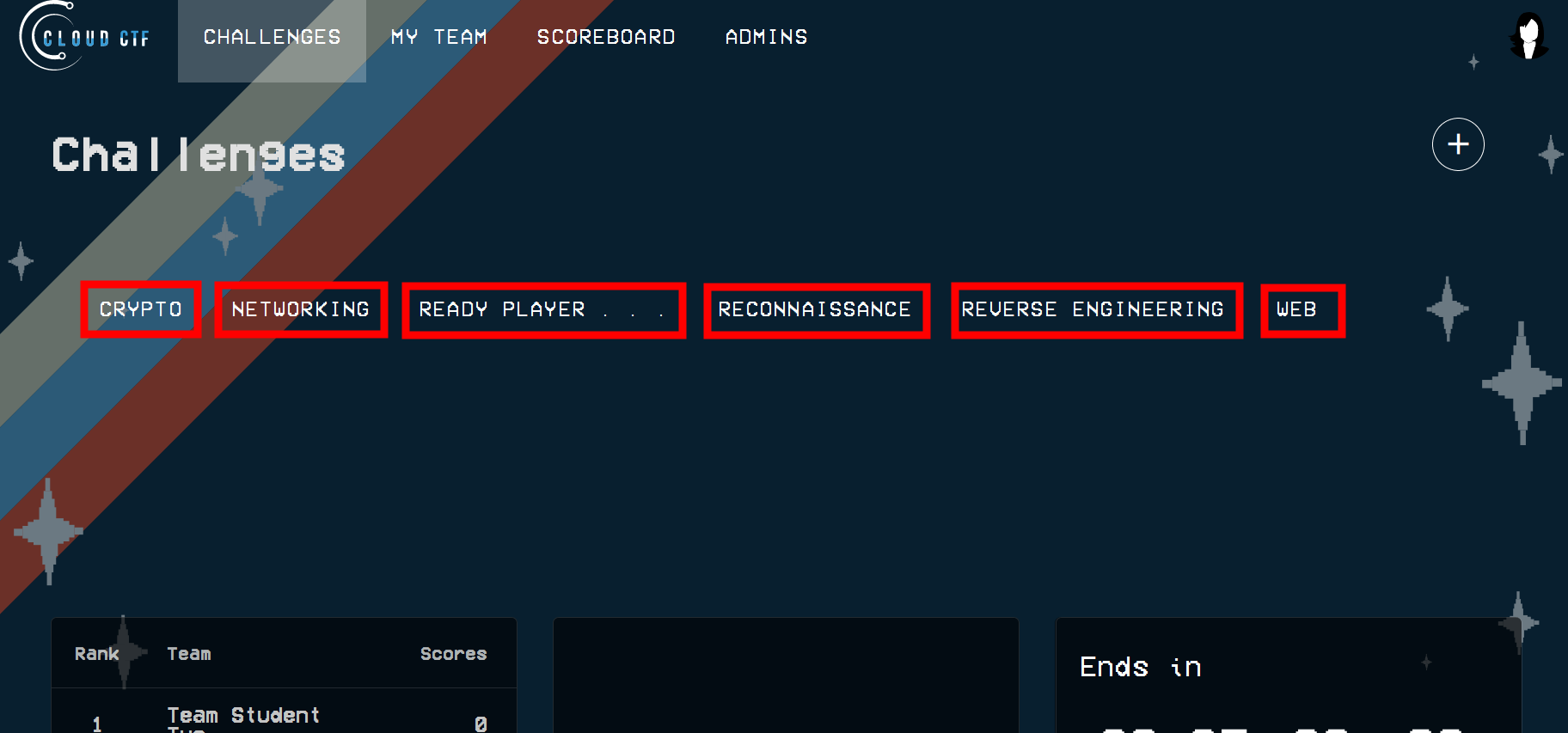 The CTF categories can be found just under the Challenges header, in the middle of the screen.