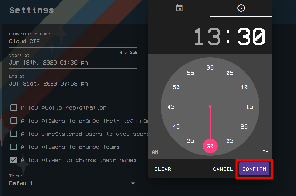 A pop-up clock will be shown to the right of the date picker field, in which a start time can be picked.