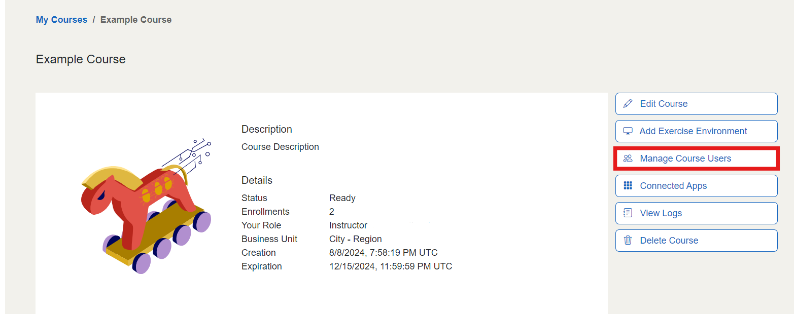 The "Manage Course Users" button is above the connected apps button and below the Add Exercise Environment on the right side.