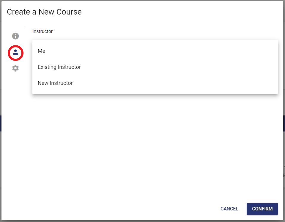 The instructor icon is located on the left-hand side of the create course form.