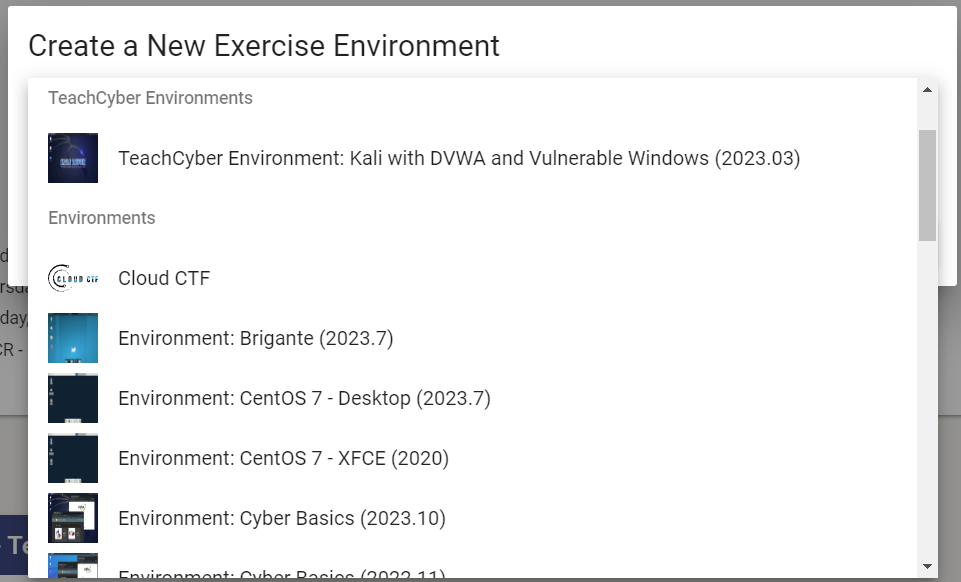 A "Create a New Exercise Environment" pop up is shown with a dropdown list of potential exercises.