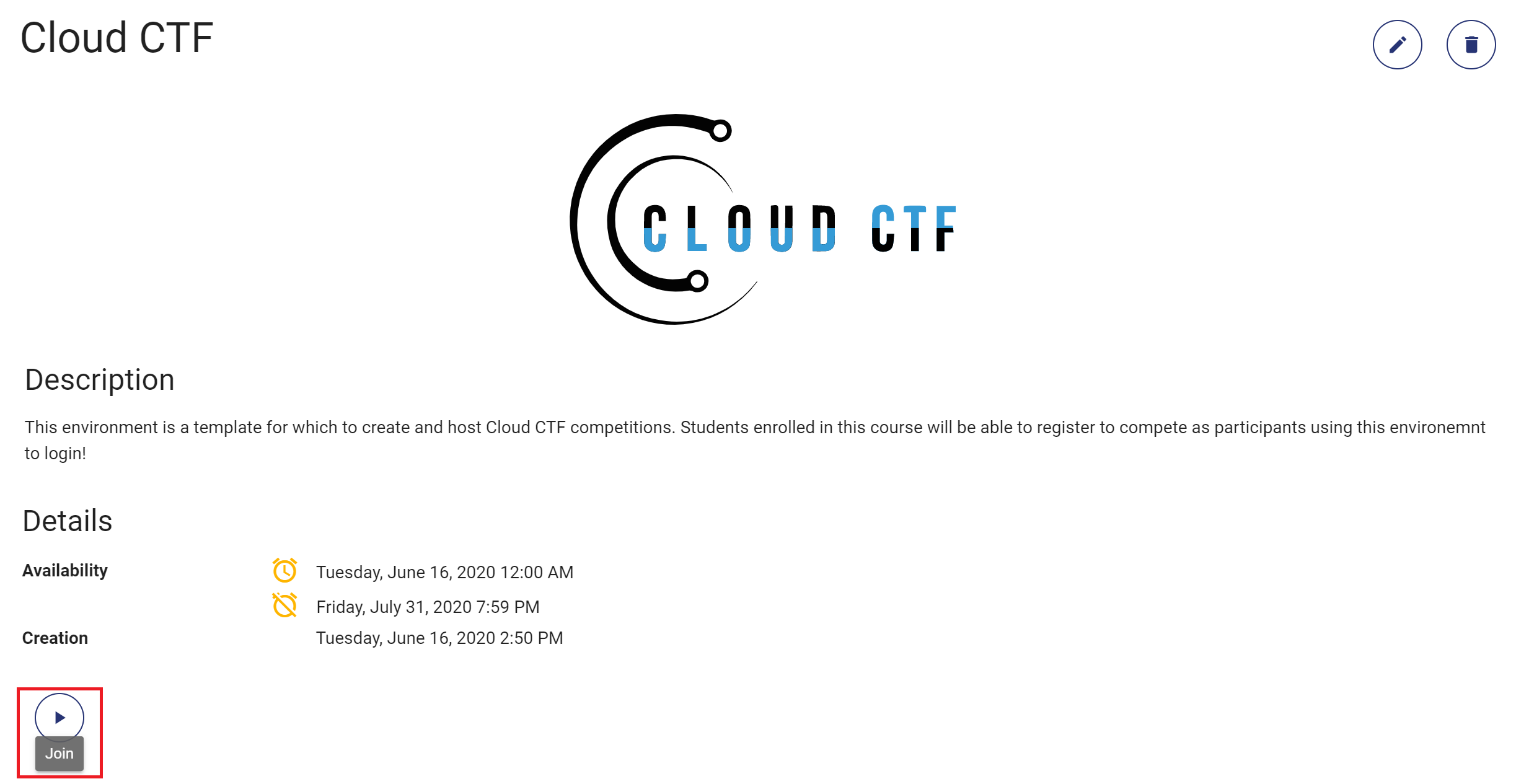 Once inside your course, underneath the details section, select the join button to open up CloudCTF in another tab of your browser.
