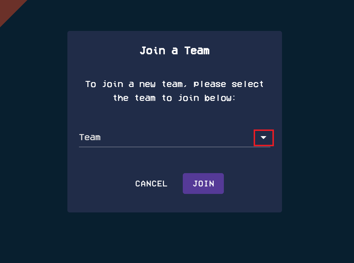 To join a team, please select a team name from the dropdown menu, which is above the cancel and join buttons.