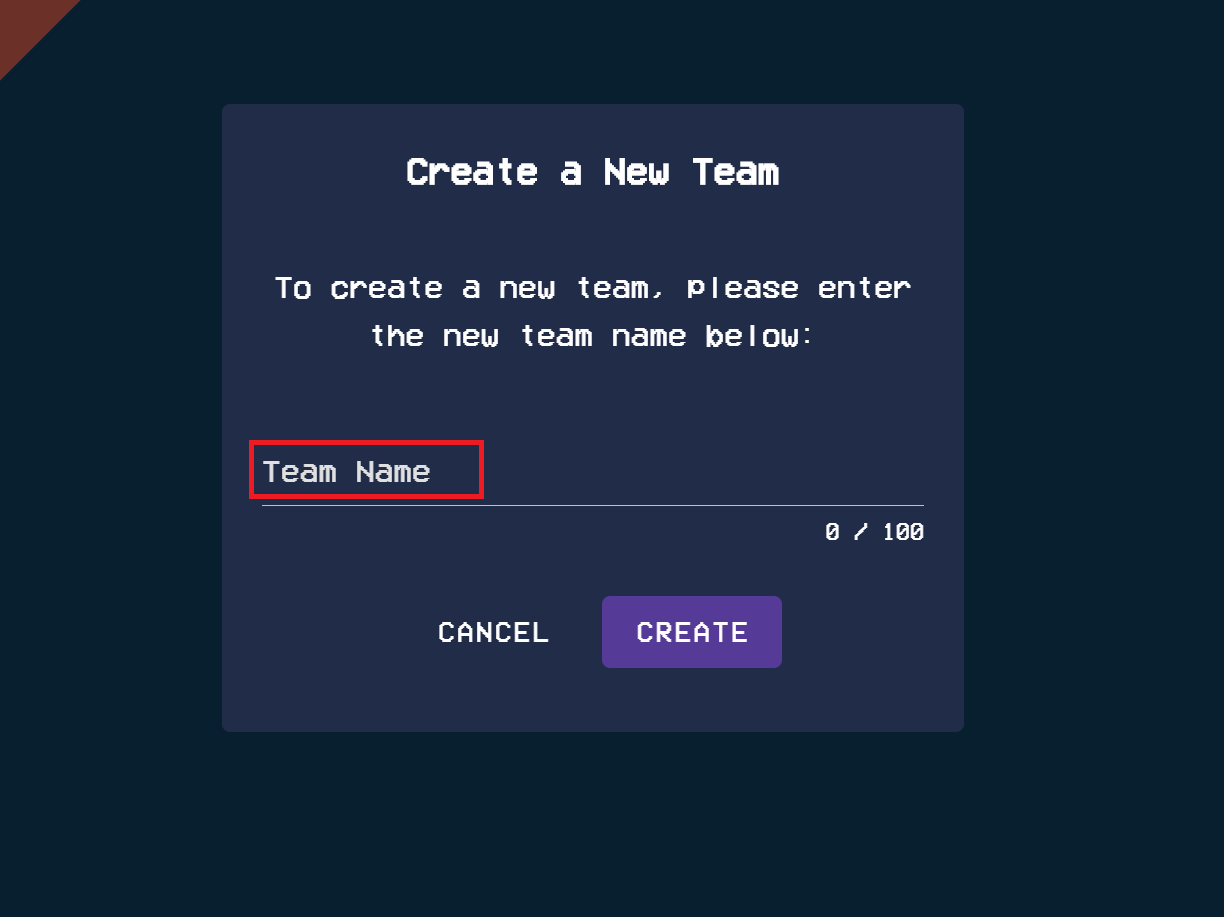 To create a team, please type in your team name and click on the create button, which is to the right of the cancel button.