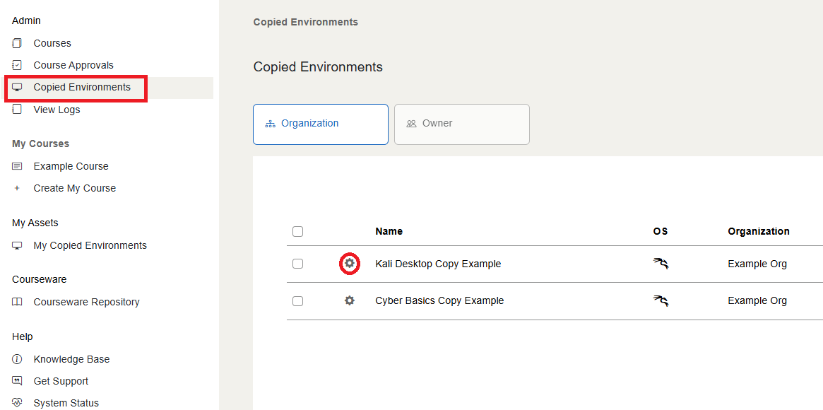 Copied Environments is located under Course Approvals in the Admin section of the console sidebar and the gear icon is located between a checkbox and the name of the copied environment in the list.