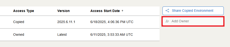 The Add Owner button is at the bottom of the details page, under the Share Copied Environment button.
