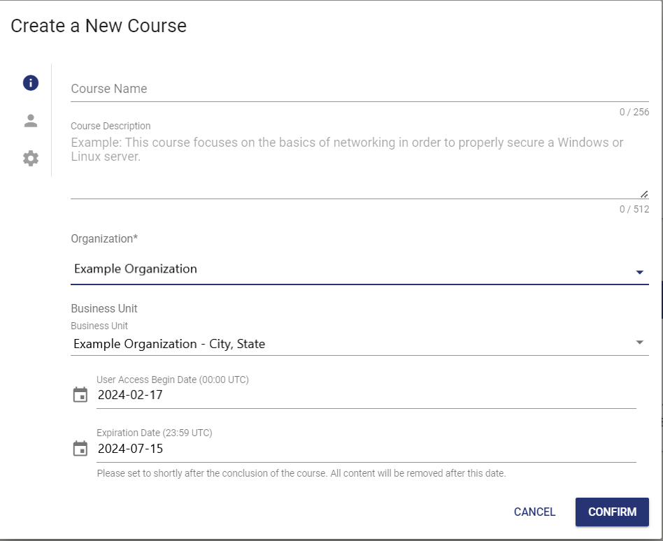 The course info form consists of a course name, description, school or business unit, and start and expiration dates.