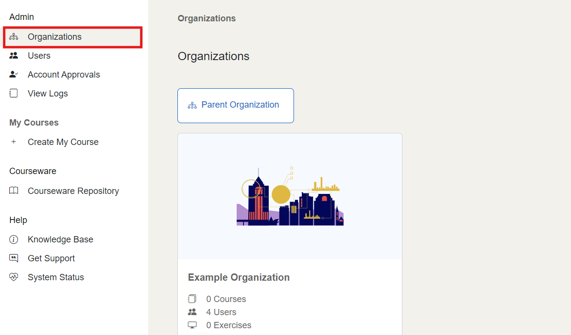 The "Organizations" button is located at the top left of the screen.