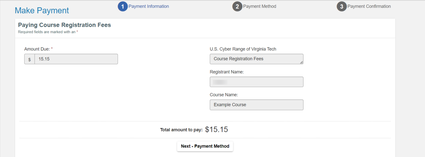 Next - Payment Method button is located below Total amount to pay