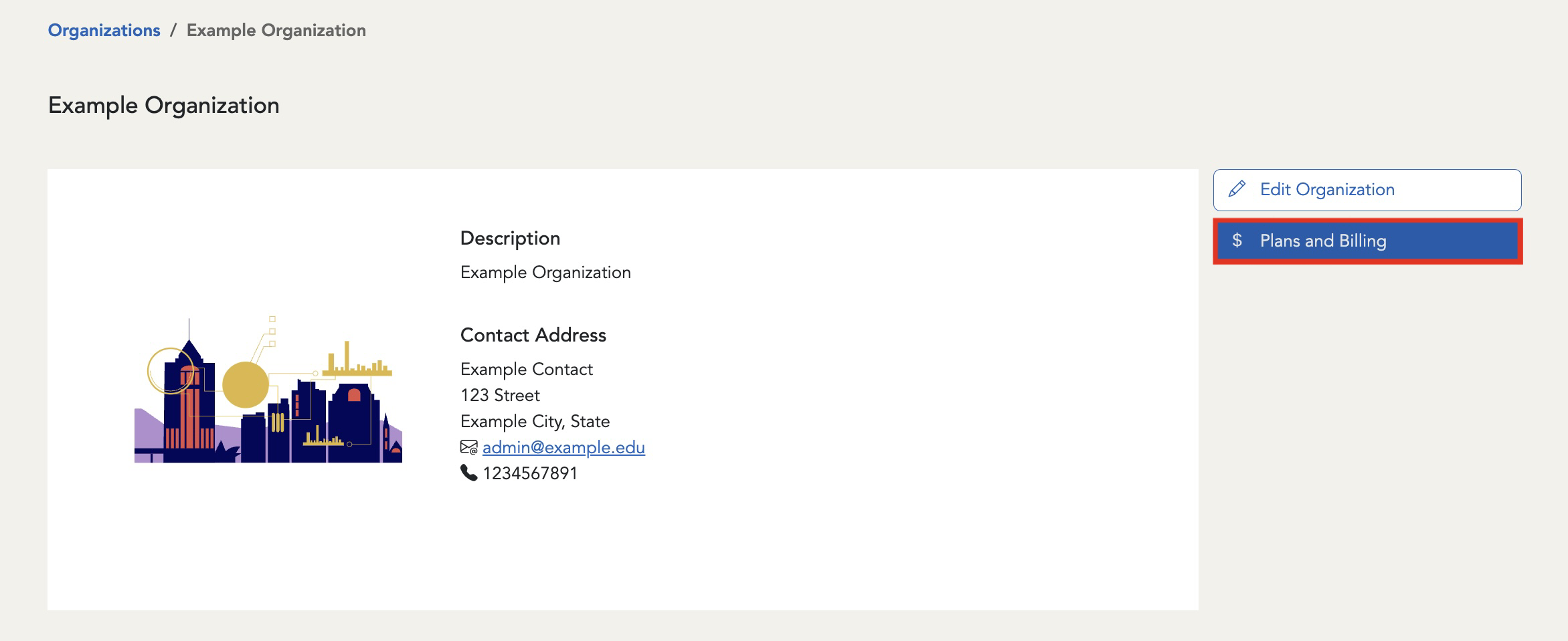 The "Plans and Billing" button is located on the right side of the screen, beneath the "Edit Organization" button.