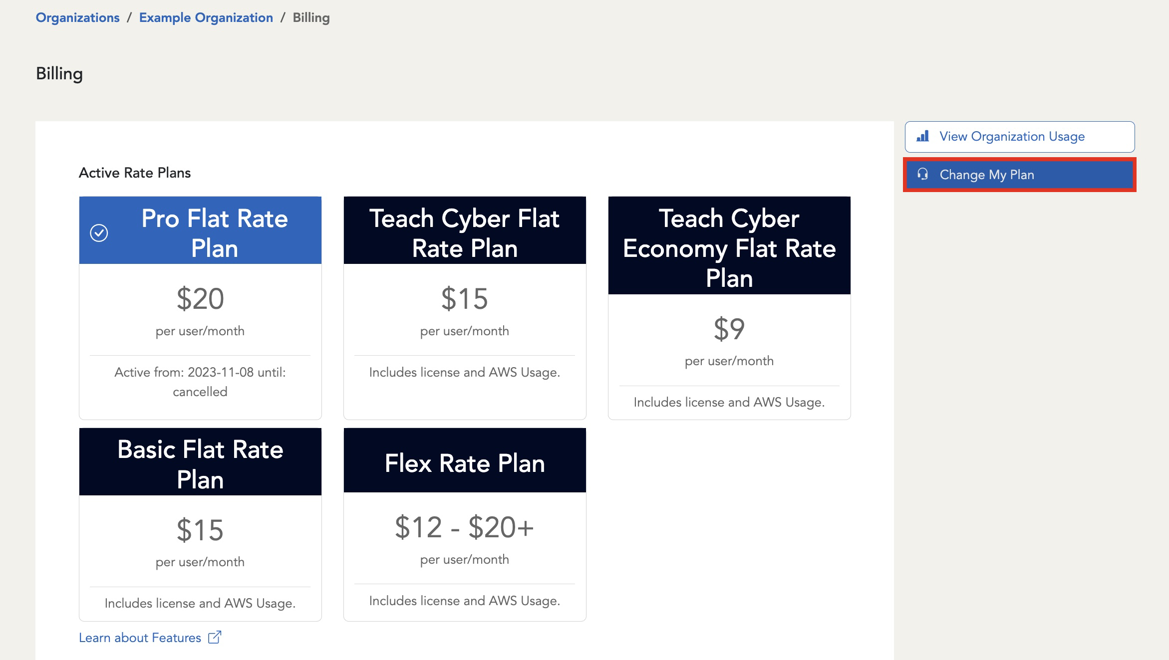 The "Change My Plan" button is located on the right side of the screen, beneath the "View Organization Usage" button.