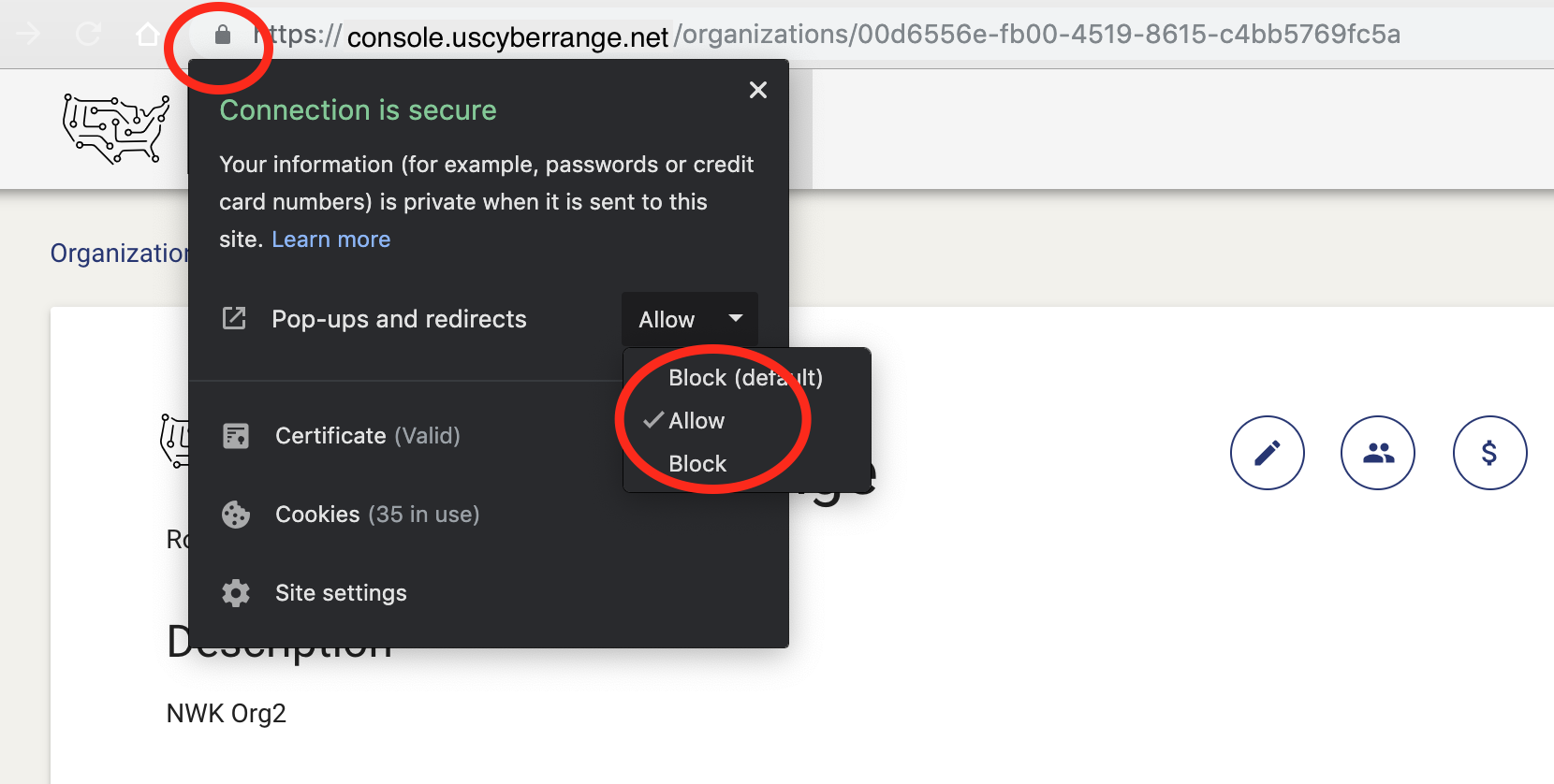 Steps for disabling pop-up blocker. Select the pop-up blocker icon in URL bar, select Always allow pop-ups and redirects, select Done.