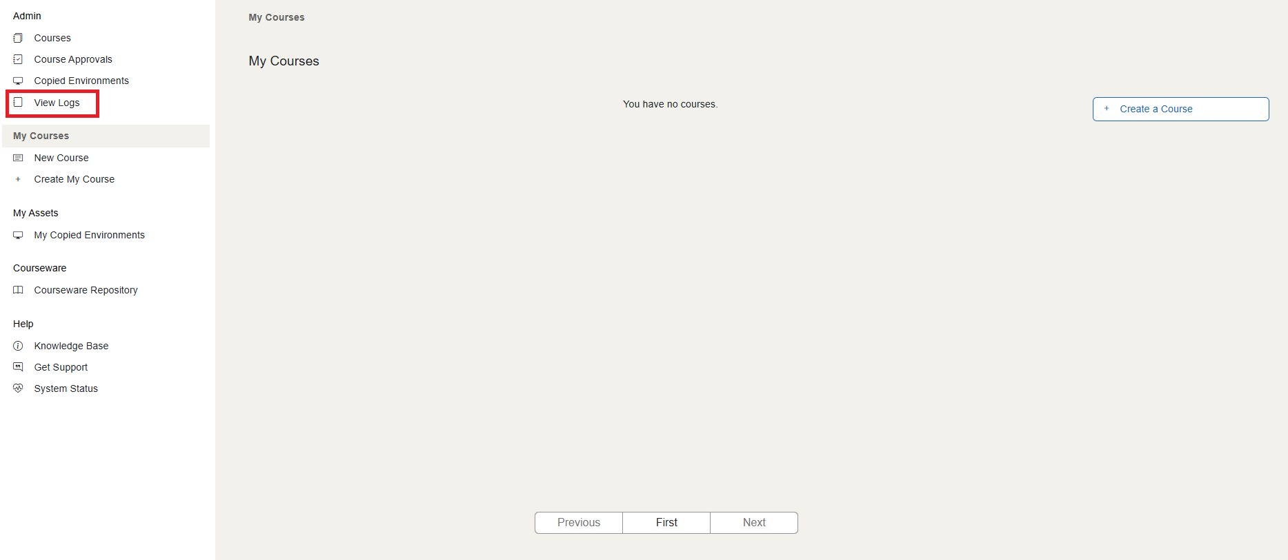 The "View Logs" button is under the "Admins" header in the sidebar.