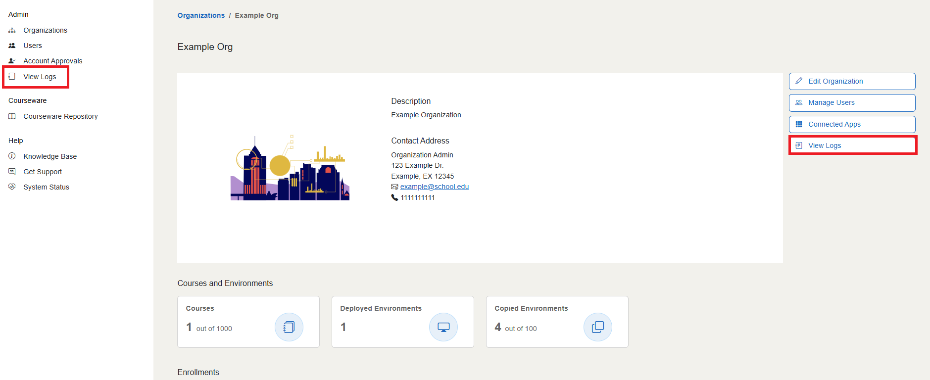 The "View Logs" button is the last in the list of organization controls, or under the "Admin" header in the sidebar.