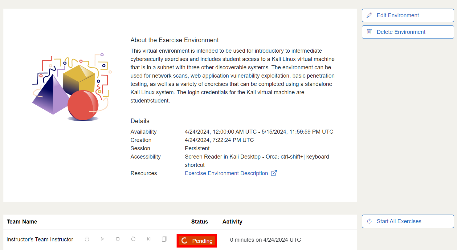 An environment page is shown. In descending order, the name of the environment, an example image from the environment, the description, and details are listed. Underneath that, you'll find the spinning circle icon to the left of the exercise environment’s status. The "loading" status is depicted in the image.