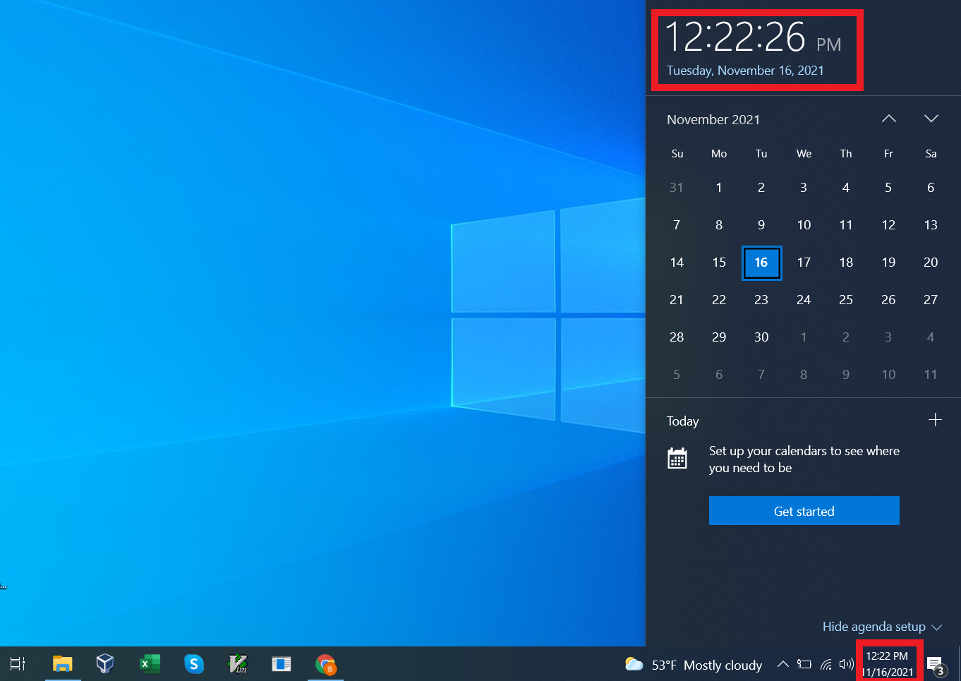 The Windows date and time widget can be found in the bottom-right corner of your Windows 10 desktop on the task bar.